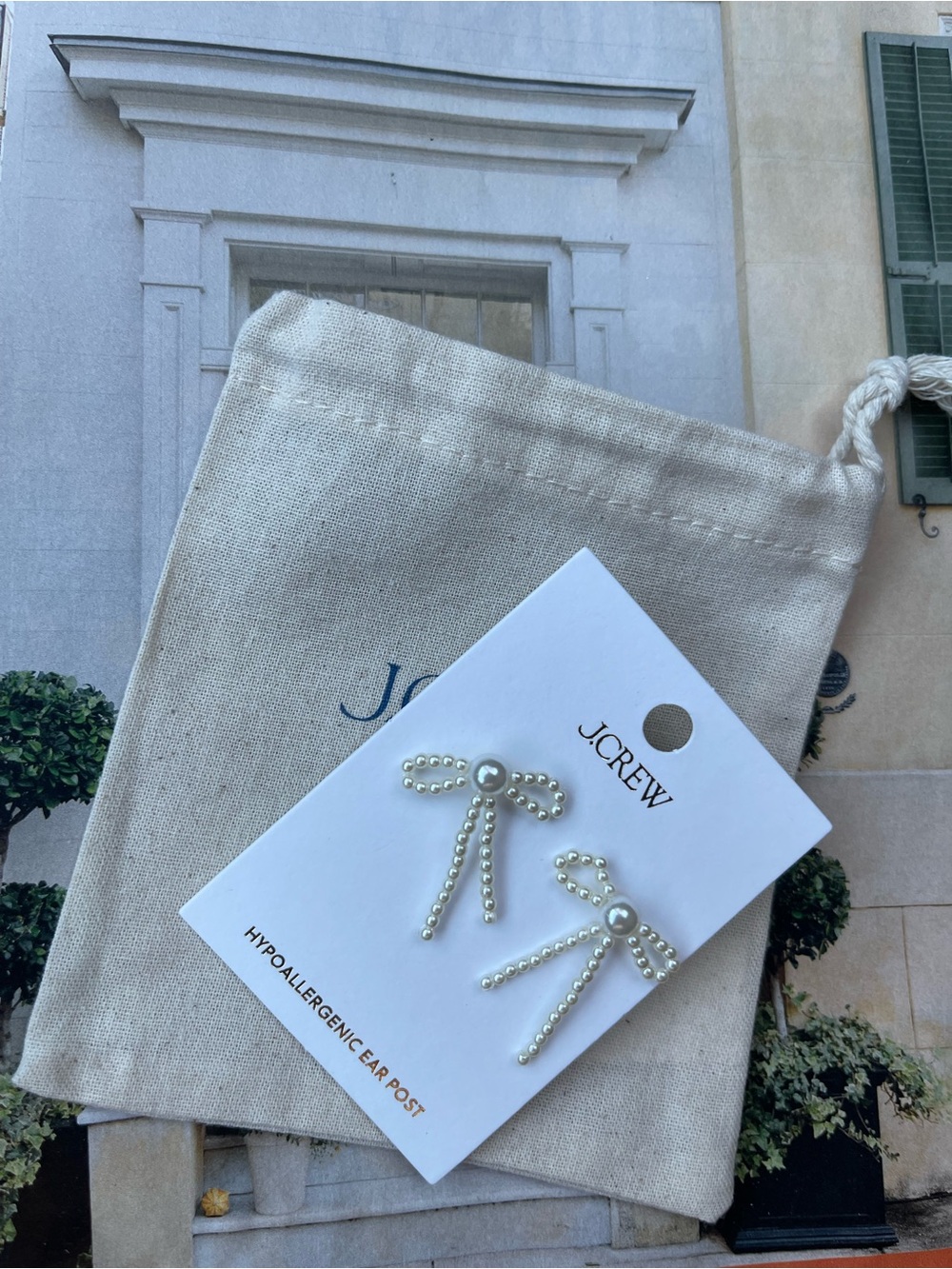 J. Crew Cream Beaded Ribbon Earrings Pearl Bow Drop Earrings